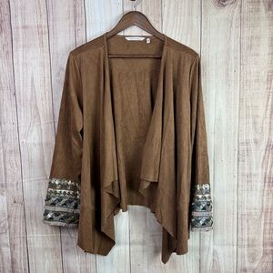 Soft Surroundings Suede Embellished Sleeve Camel Tan Cardigan